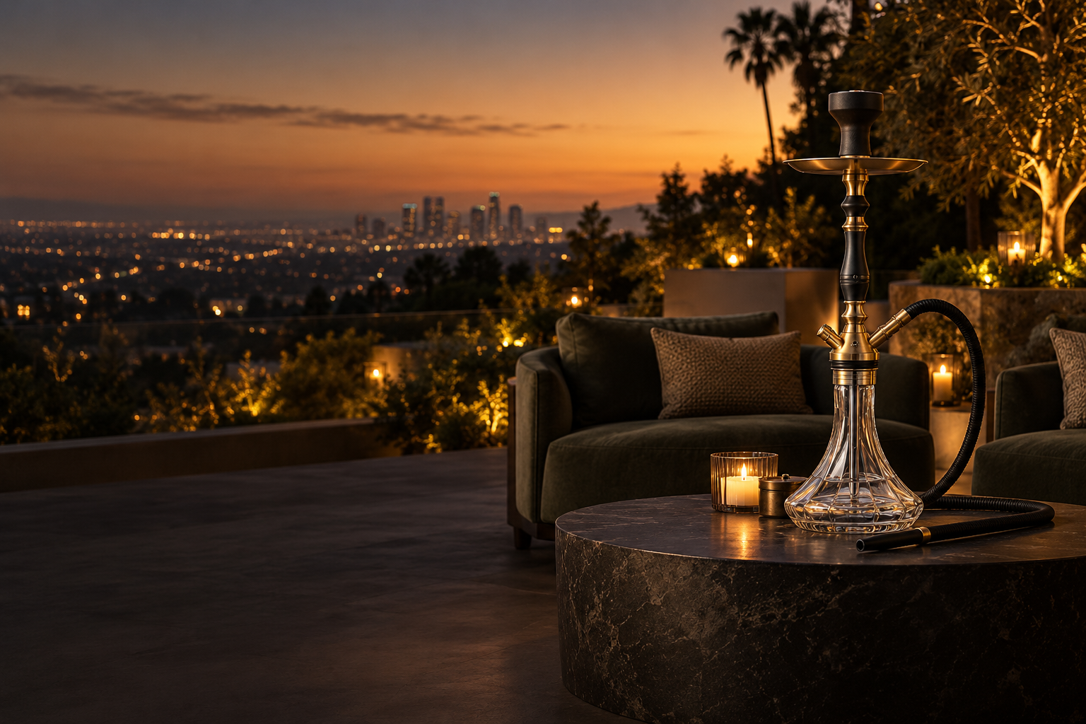 Brass hookah equipment on a candlelit outdoor Los Angeles terrace at dusk